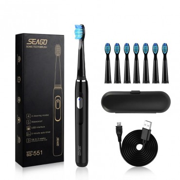 Электрическая Зубная Щетка Звуковая Seago 4 Режима + 8 Насадок SG551 Черная