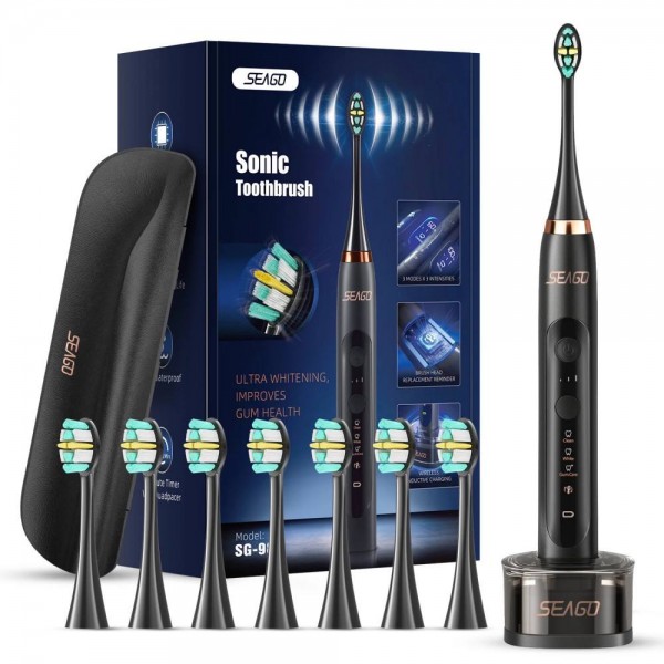 Взрослая Электрическая Зубная Щетка Звуковая Seago SG982 с Таймером и Интервальной Чисткой 3 Режима 3 Уровня Интенсивности 8 Насадок + Кейс