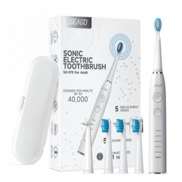 Электрическая Зубная Щетка Звуковая Взрослая Seago SG575 5 Насадок + 5 Режимов + Кейс Для Хранения Sonic Белая