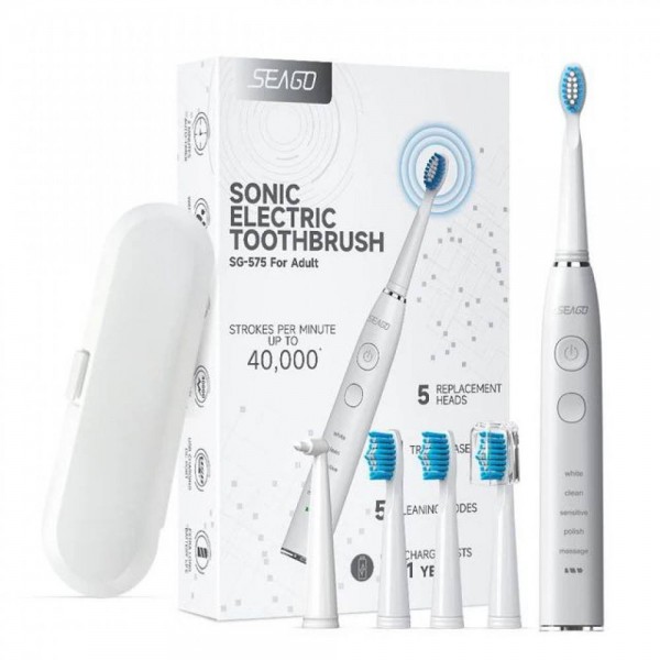 Электрическая Зубная Щетка Звуковая Взрослая Seago SG575 5 Насадок + 5 Режимов + Кейс Для Хранения Sonic Белая
